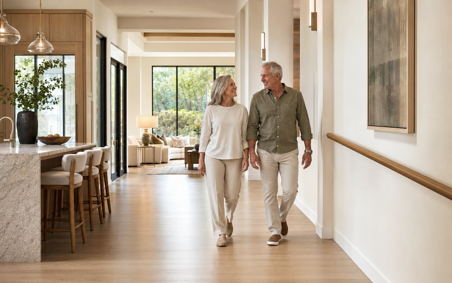A couple walking through a bright home with wide circulation and integrated accessibility details